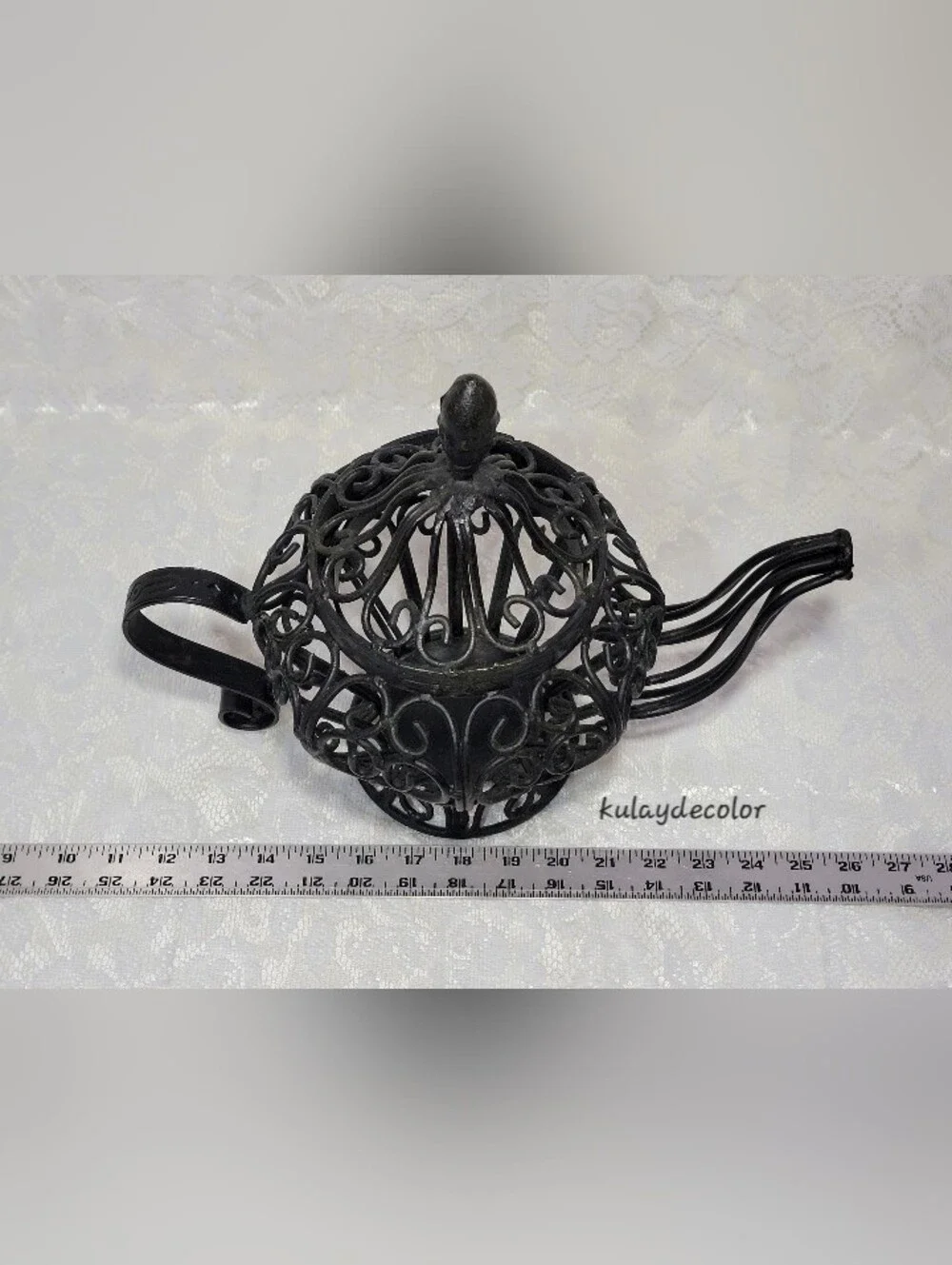 Filigree Style Wrought Iron Teapot Lantern Candle Holder Black Scroll Home Decor